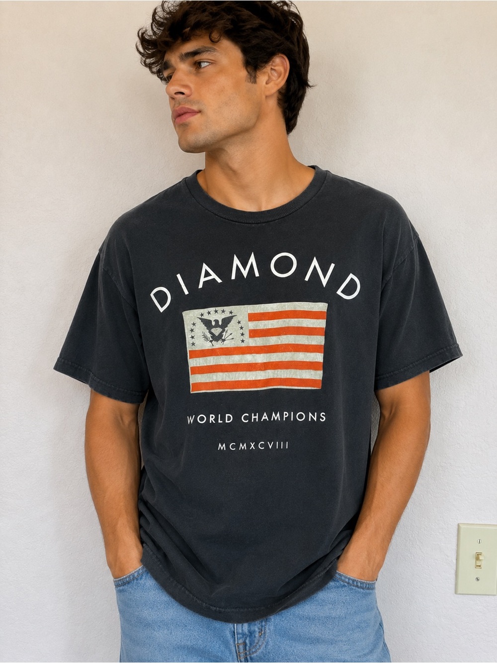 Diamond Supply Co. Black Short Sleeve Tee with Flag Graphic size L